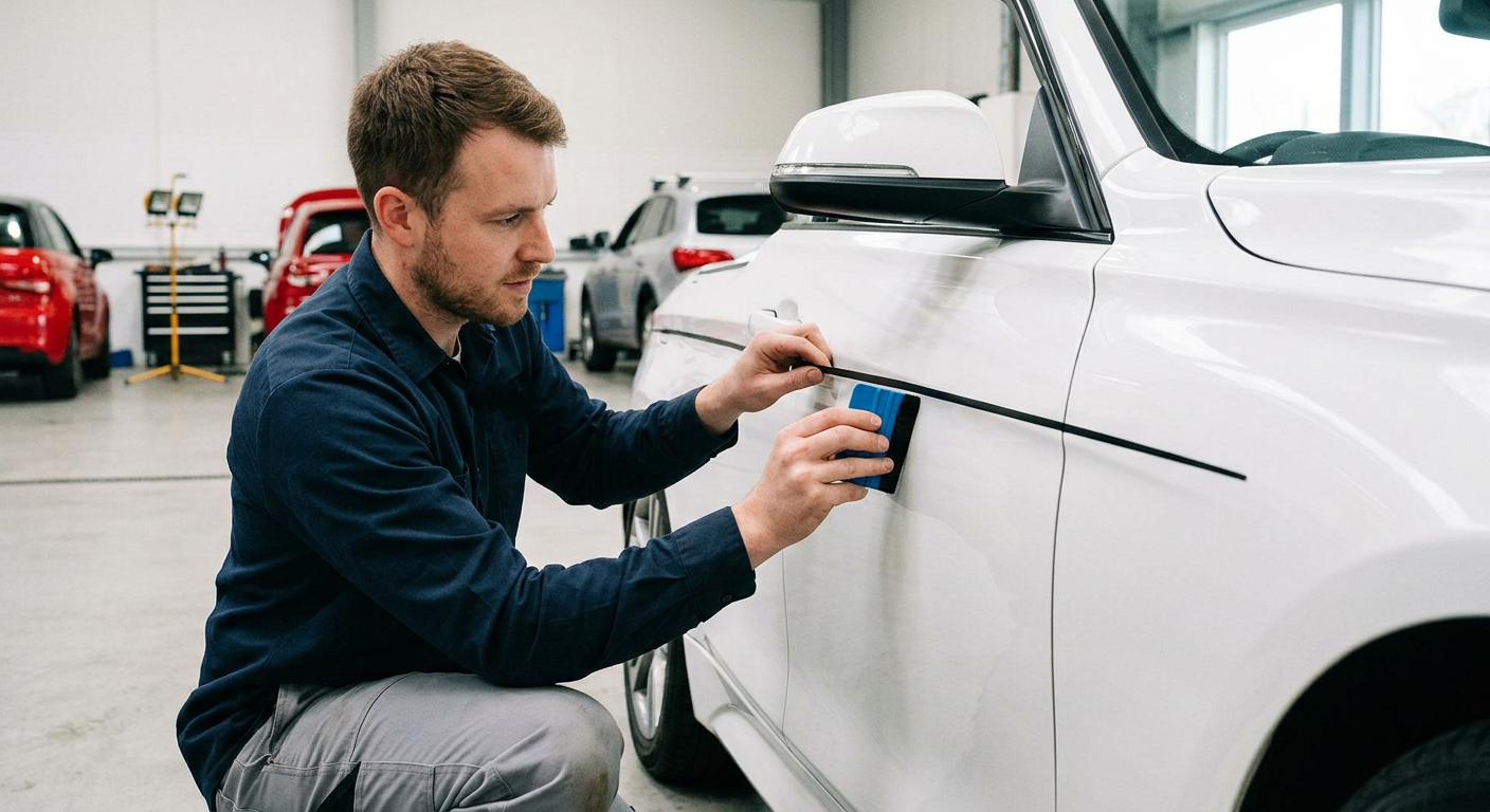 Firefly_technician applying black vinyl pinstripe to the side of a white car using a squeegee 719546